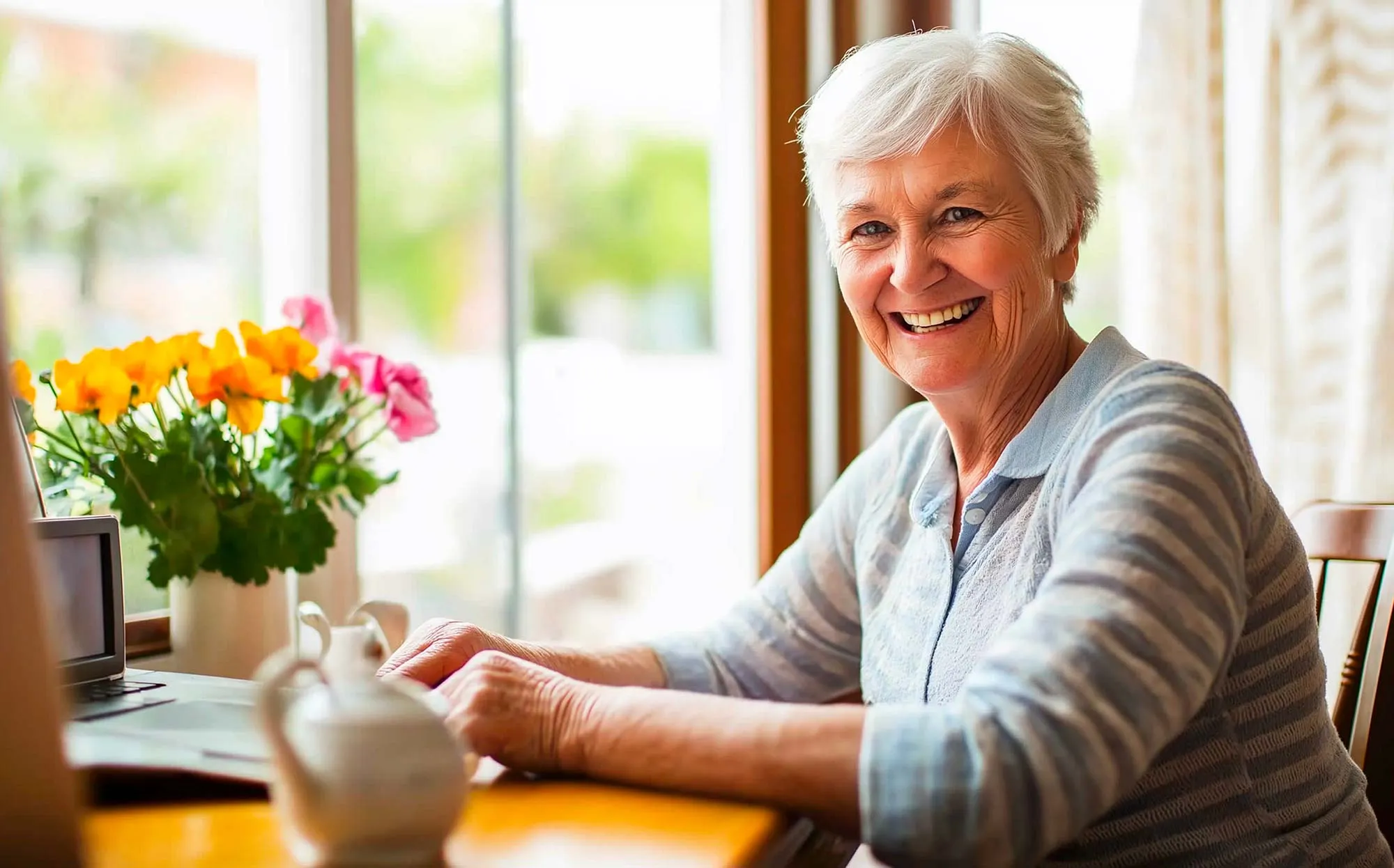 Home Care service at Good Shepherd Home - Happy senior woman using laptop at home, enjoying work or leisure in bright and cozy living space. Positive retirement lifestyle with productivity, relaxation